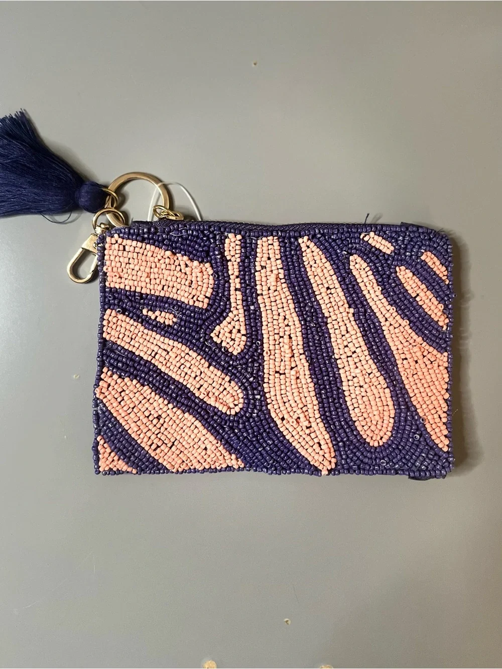 On 34th Beaded Coin Pouch Navy Pink Zebra Print NWT Tassel Keychain